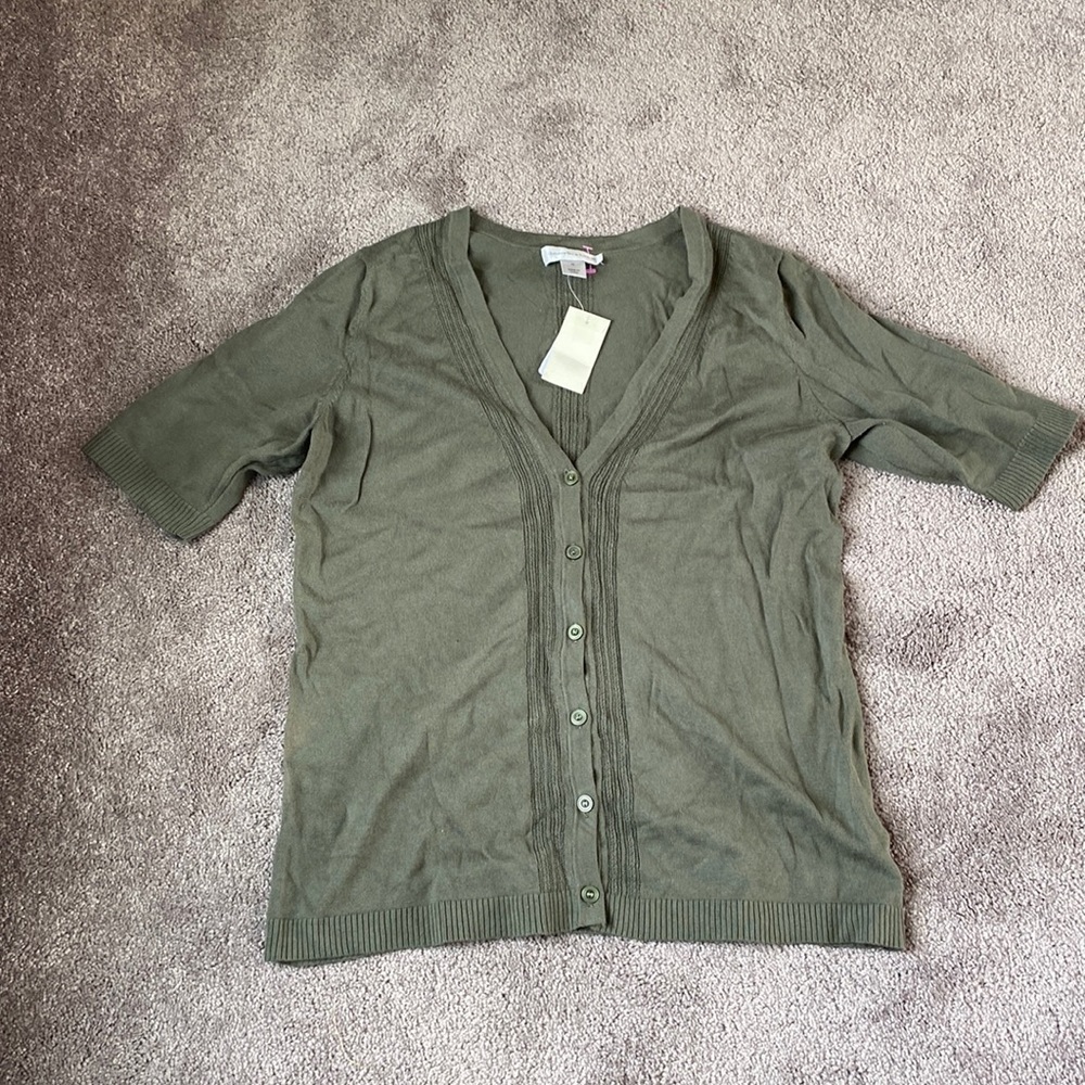 Christopher & Banks Olive Green Button Front Short Sleeve Knit Cardigan SIZE M